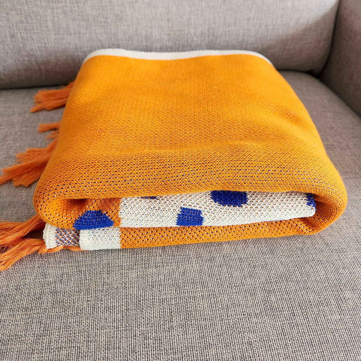 Modern Dotted Knitted Throw, Orange & Blue Woven Throw Blanket, 130cmx