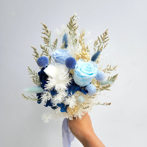 Blue Tone Preserved Flower Bouquet, Dried Flower Wedding Bouquet