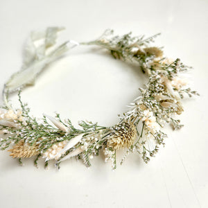 Natural Colour Dried Flower Crown, Ivory Pale Green, Flower Halo, Wedding Flower, Kid's Birthday