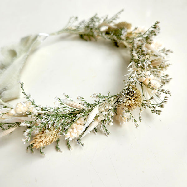 Natural Colour Dried Flower Crown, Ivory Pale Green, Flower Halo, Wedding Flower, Kid's Birthday