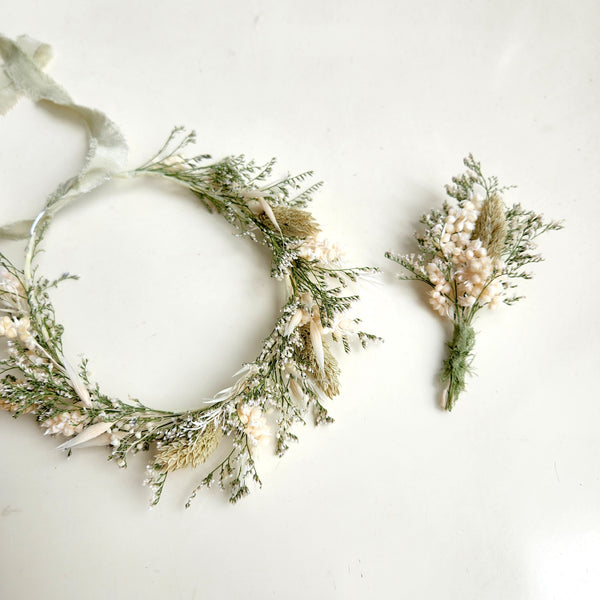 Natural Colour Dried Flower Crown, Ivory Pale Green, Flower Halo, Wedding Flower, Kid's Birthday