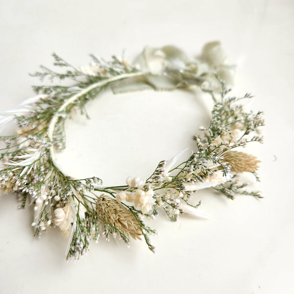 Natural Colour Dried Flower Crown, Ivory Pale Green, Flower Halo, Wedding Flower, Kid's Birthday