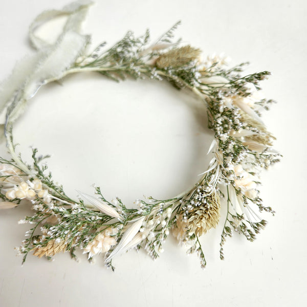 Natural Colour Dried Flower Crown, Ivory Pale Green, Flower Halo, Wedding Flower, Kid's Birthday