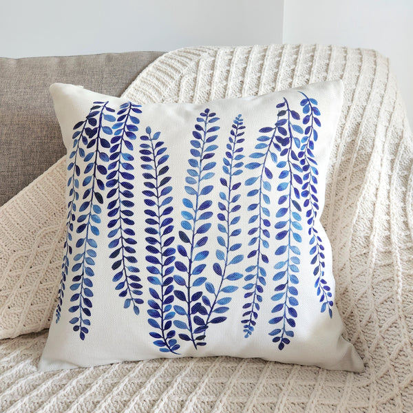 Blue Leaf Decorative Cushion Cover, Hampton Cushion Cover, Blue Throw Pillow Case