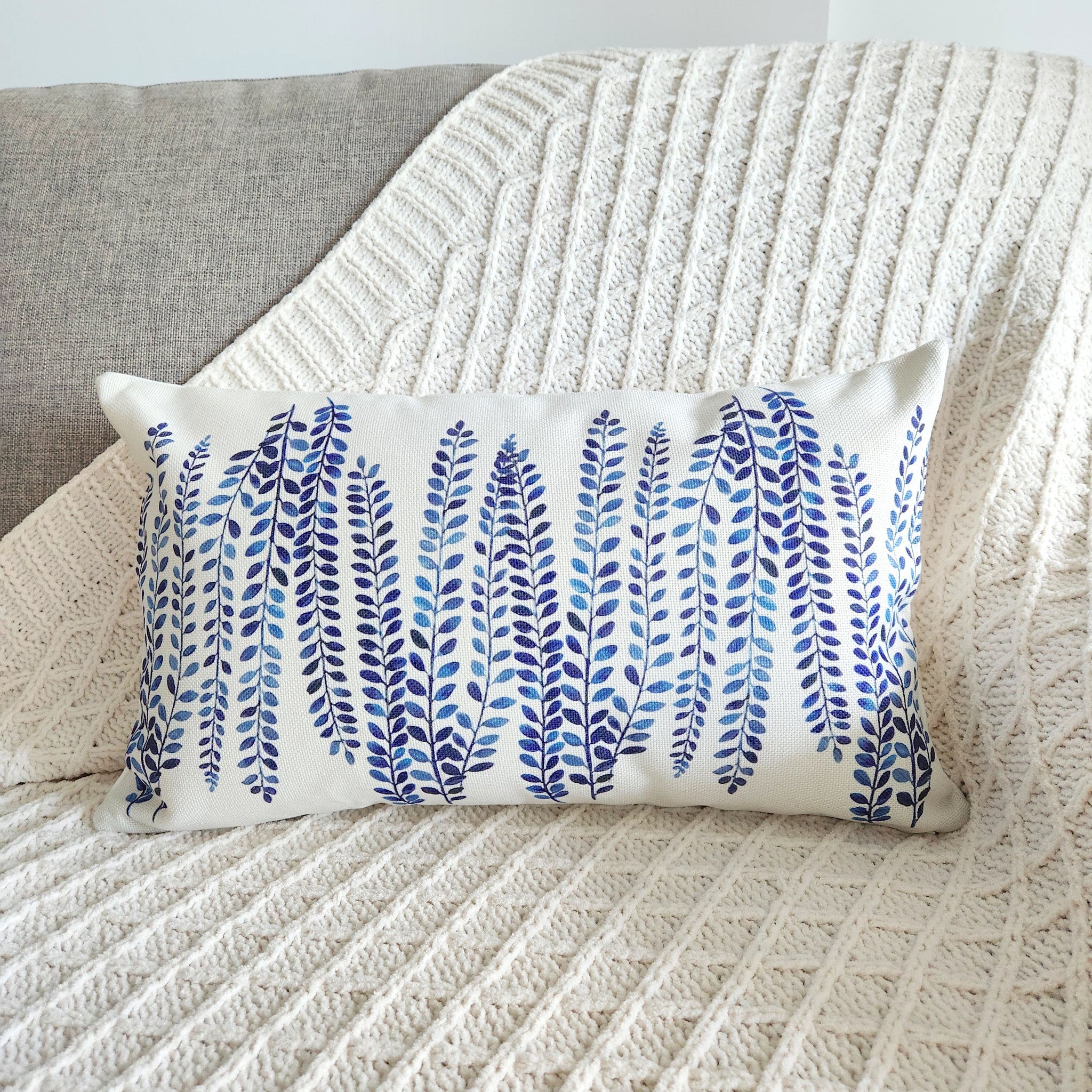 Blue Leaf Decorative Cushion Cover, Hampton Cushion Cover, Blue Throw Pillow Case