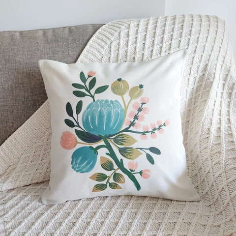 Teal Blue Flower Cushion Cover, Floral Decorative Throw Pillow Case