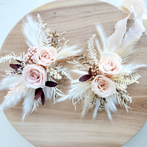 Nude Preserved Roses Hair Pin & Corsage, Wedding Flower Arrangement