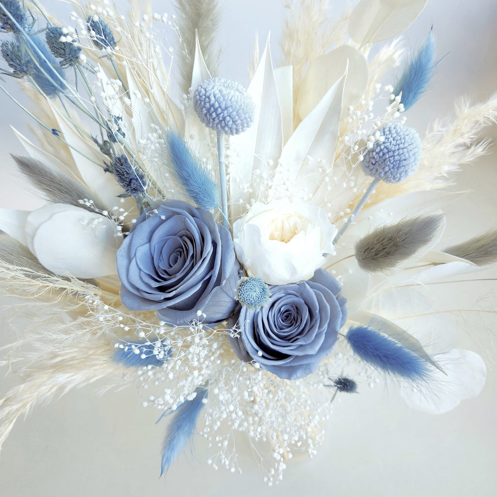 Dusty Blue Dried Flower Bouquet, Blue and Ivory Wedding Flowers