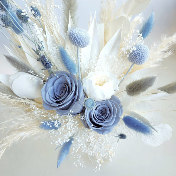 Dusty Blue Dried Flower Bouquet, Blue and Ivory Wedding Flowers