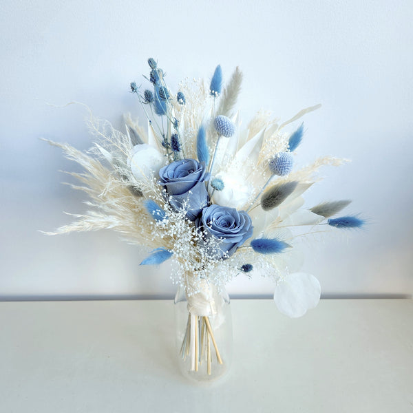 Dusty Blue Dried Flower Bouquet, Blue and Ivory Wedding Flowers