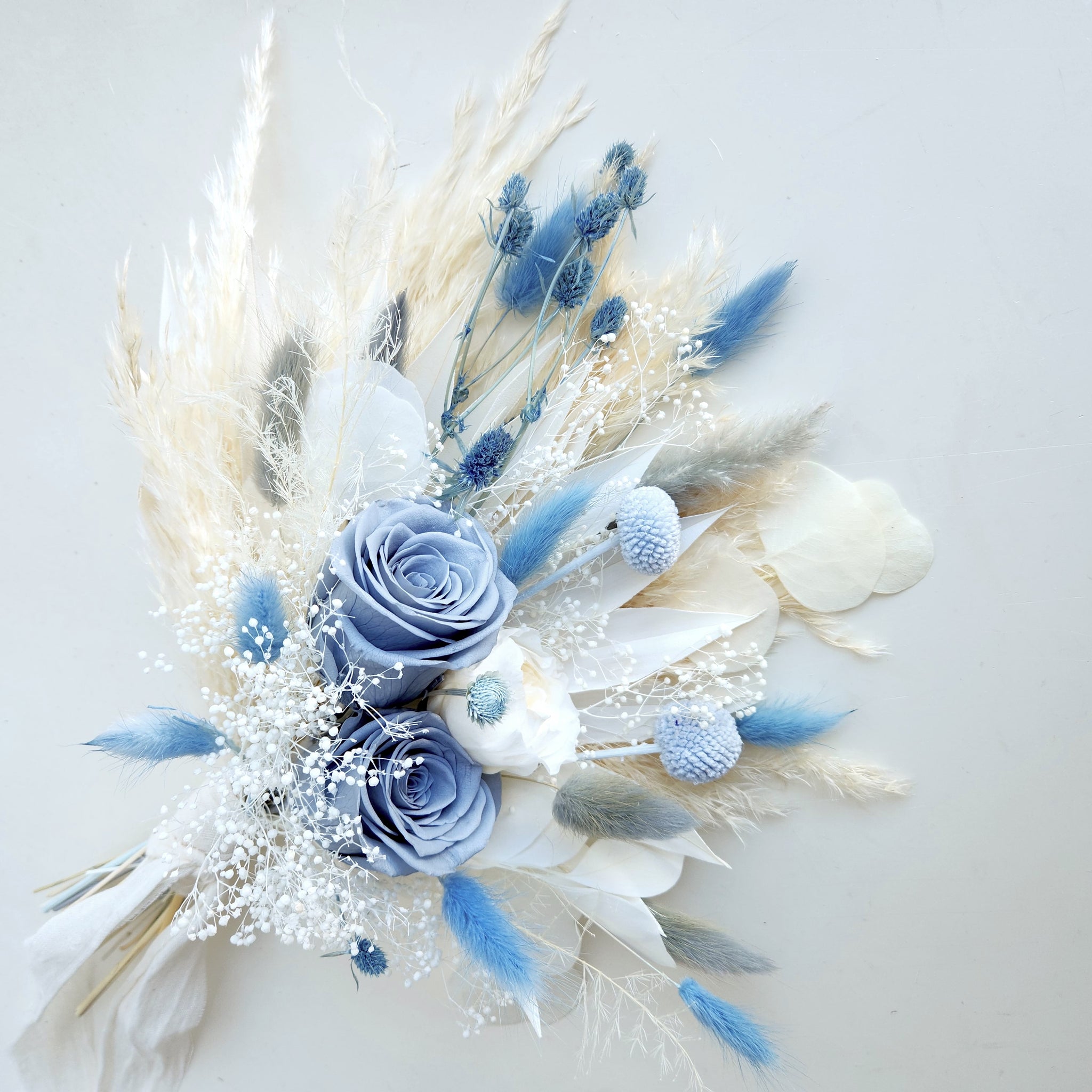 Dusty Blue Dried Flower Bouquet, Blue and Ivory Wedding Flowers