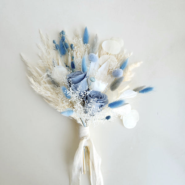 Dusty Blue Dried Flower Bouquet, Blue and Ivory Wedding Flowers