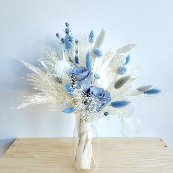 Dusty Blue Dried Flower Bouquet, Blue and Ivory Wedding Flowers