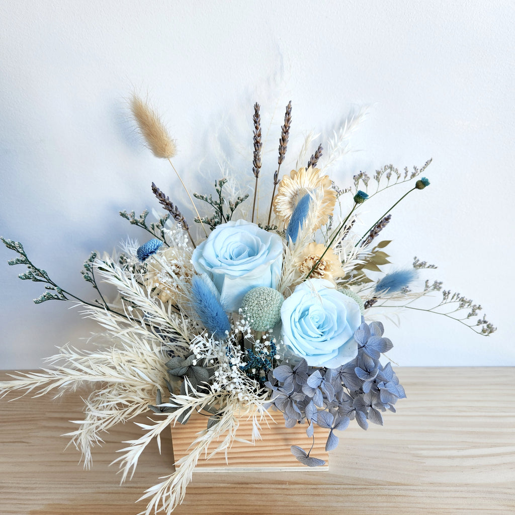 Baby Blue Dried Flower Arrangement, Table Flower, Interior