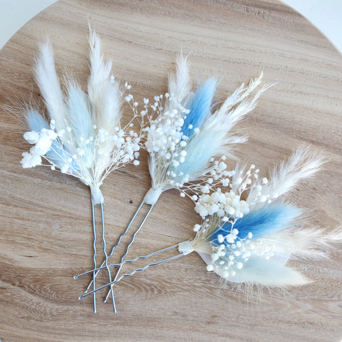 Dried Flower Hair Pins, Baby Blue, Wedding Headpiece, Hair Accessories