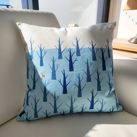 Blue Forest Decorative Cushion Cover, Deer in Forest Cushion Cover, Square Thrown Pillow Case