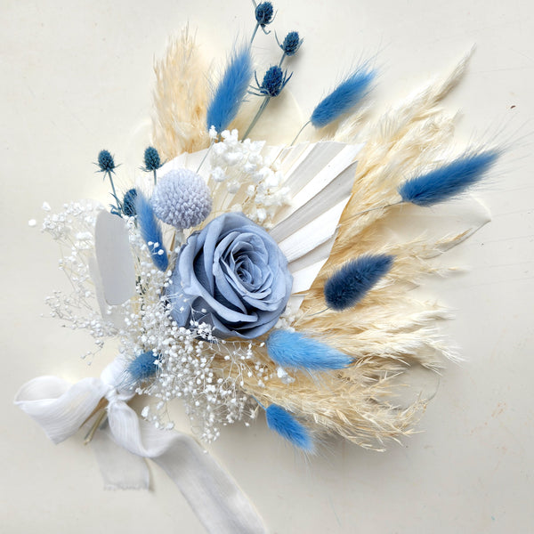 Dusty Blue Dried Flower Bouquet, Blue and Ivory Wedding Flowers