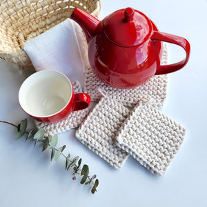 Woven Potholder & Coaster, Ivory Knitted Pot Holder, Coaster, Neutral Modern, Housewarming Gift, Mother's Day Gift, Gift for Her