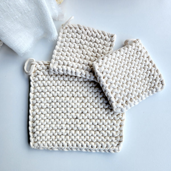 Woven Potholder & Coaster, Ivory Knitted Pot Holder, Coaster, Neutral Modern, Housewarming Gift, Mother's Day Gift, Gift for Her