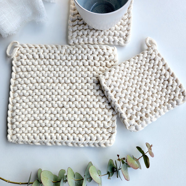 Woven Potholder & Coaster, Ivory Knitted Pot Holder, Coaster, Neutral Modern, Housewarming Gift, Mother's Day Gift, Gift for Her