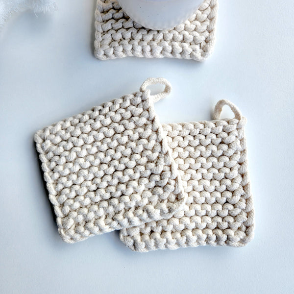 Woven Potholder & Coaster, Ivory Knitted Pot Holder, Coaster, Neutral Modern, Housewarming Gift, Mother's Day Gift, Gift for Her