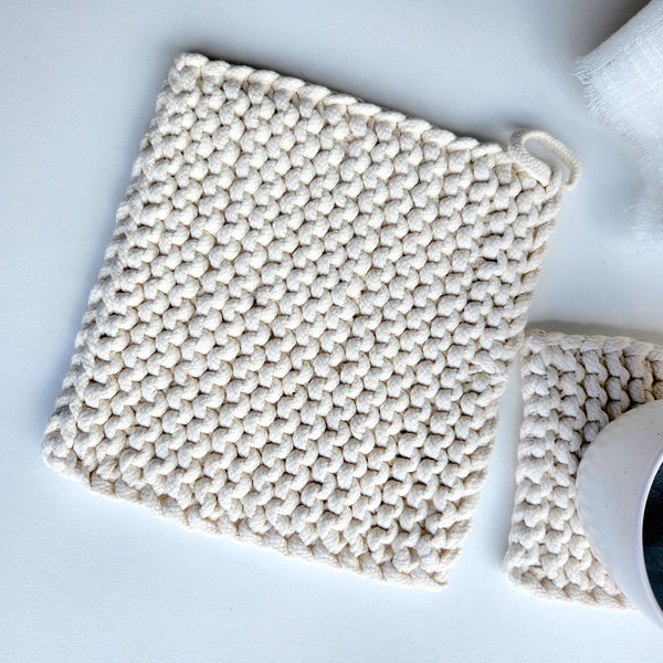 Woven Potholder & Coaster, Ivory Knitted Pot Holder, Coaster, Neutral Modern, Housewarming Gift, Mother's Day Gift, Gift for Her