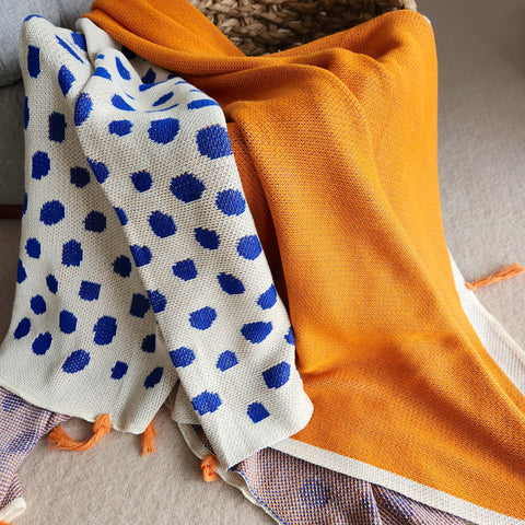 Modern Dotted Knitted Throw, Orange & Blue Woven Throw Blanket, 130cmx 170cm