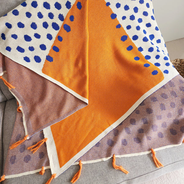 Modern Dotted Knitted Throw, Orange & Blue Woven Throw Blanket, 130cmx 170cm