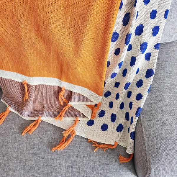 Modern Dotted Knitted Throw, Orange & Blue Woven Throw Blanket, 130cmx 170cm