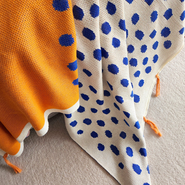 Modern Dotted Knitted Throw, Orange & Blue Woven Throw Blanket, 130cmx 170cm