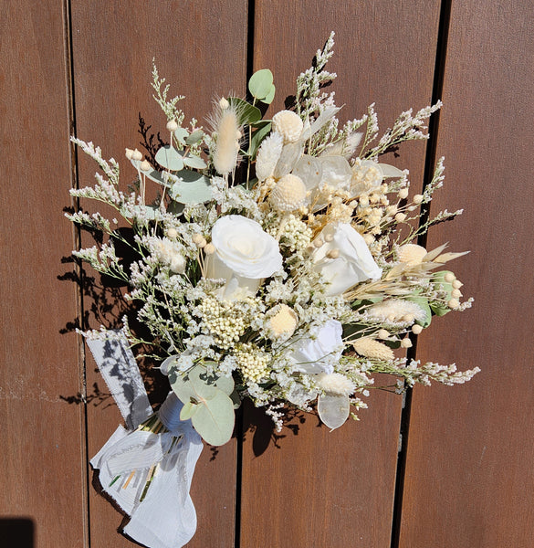 White & Green Dried Flower Bouquet, Country Wedding Flower