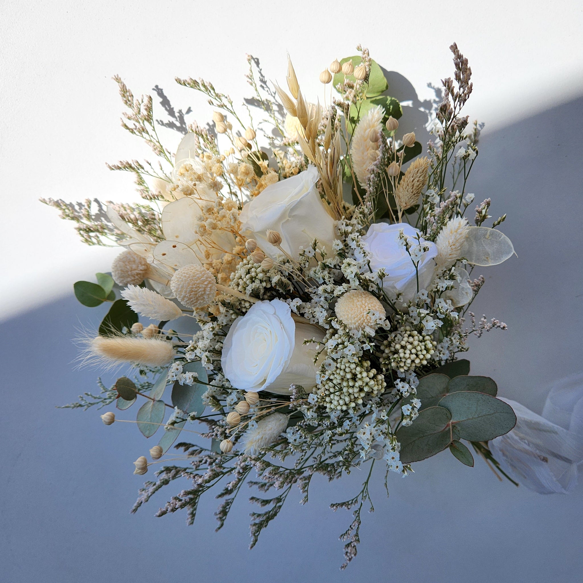 White & Green Dried Flower Bouquet, Country Wedding Flower