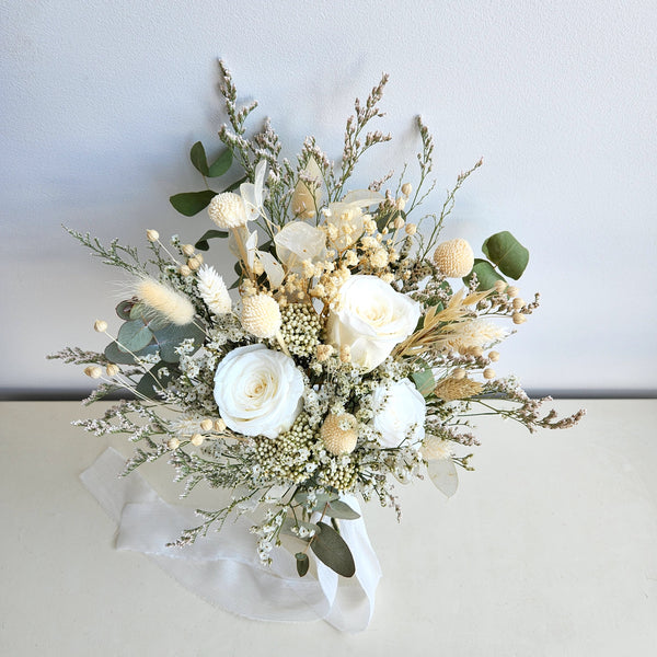 White & Green Dried Flower Bouquet, Country Wedding Flower