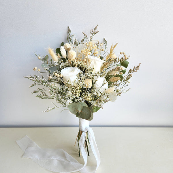 White & Green Dried Flower Bouquet, Country Wedding Flower