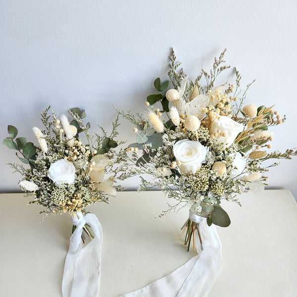 White & Green Dried Flower Bouquet, Country Wedding Flower