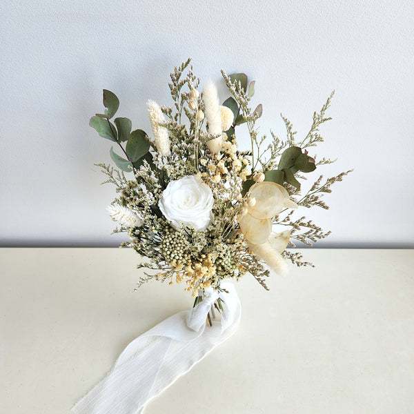 White & Green Dried Flower Bouquet, Country Wedding Flower