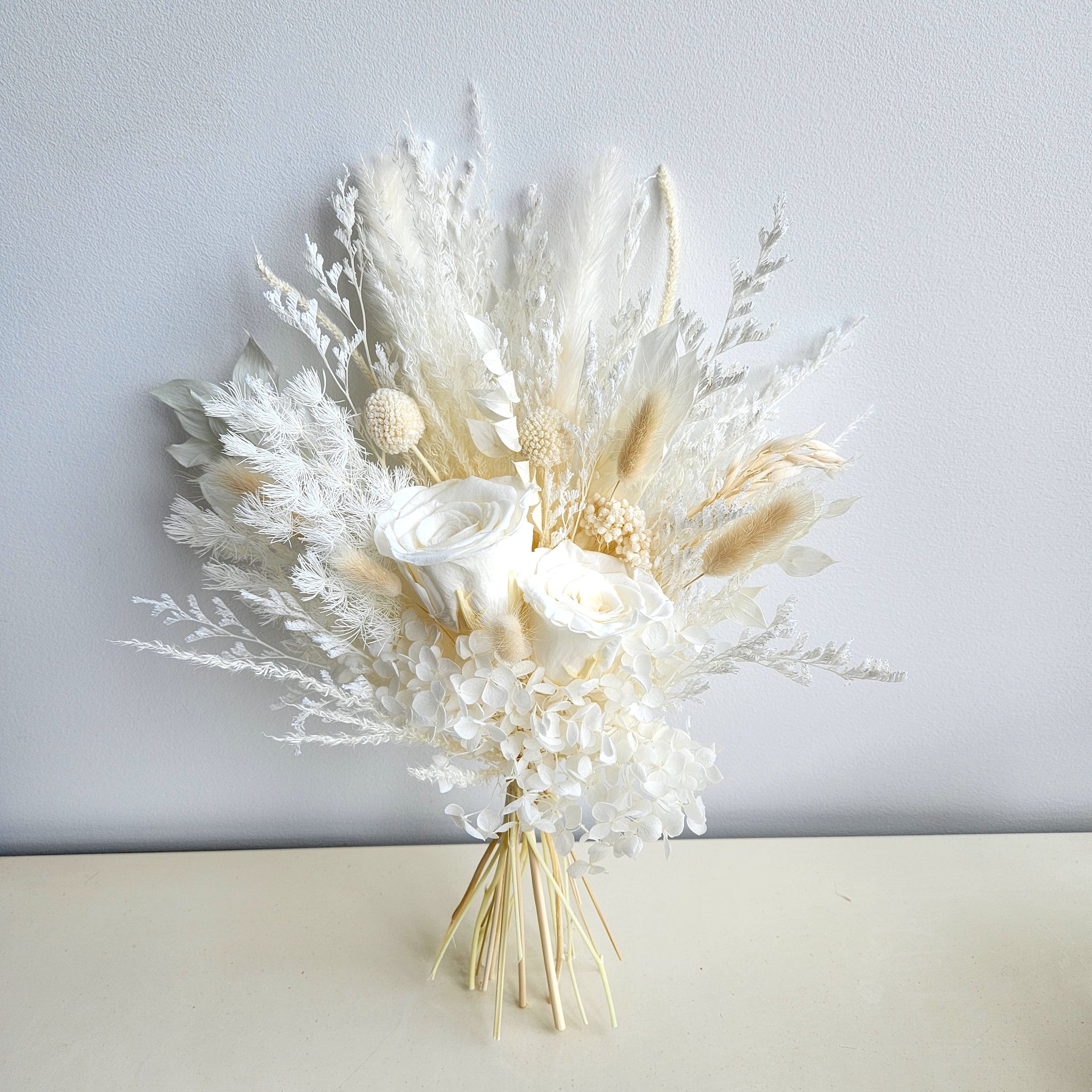 Ivory Dried Flower Wedding Bouquet and Boutonniere