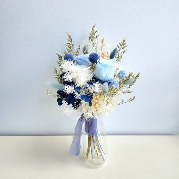 Blue Tone Preserved Flower Bouquet, Dried Flower Wedding Bouquet