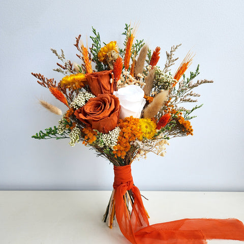 Rustic Dried Flower Bouquet, Burnt Orange, Wedding Flower Arrangement