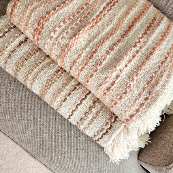 All Season Woven Throw Blanket, Pink, Beige, Knitted Thrown, 130cmx 170cm