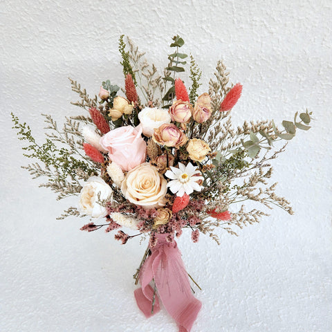 Spring Dried Flower Bouquet, Pale Pink, White and Greenery Wedding Floral, Home Decor