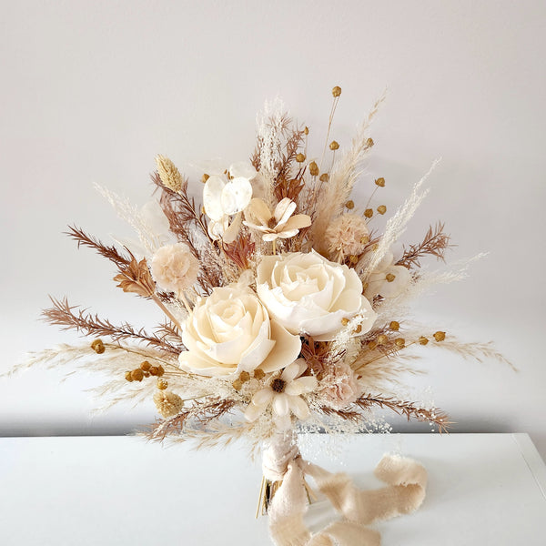 Boho Neutral Tone Dried Flower Bouquet, Ivory, Beige, Wedding Floral Arrangement