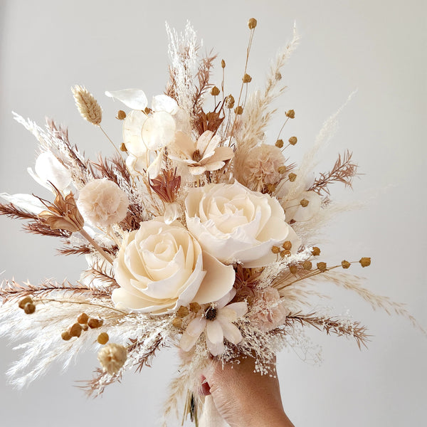 Boho Neutral Tone Dried Flower Bouquet, Ivory, Beige, Wedding Floral Arrangement