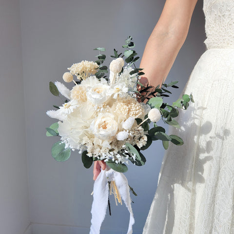 Ivory Peony Dried Flower Bouquet, White and Greenery Wedding Bouquet, Wedding Flowers