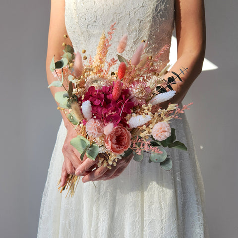 Fuchsia Dried Flower Bouquet, Pink and Green, Eucalyptus, Wedding Bouquet, Wedding Flowers