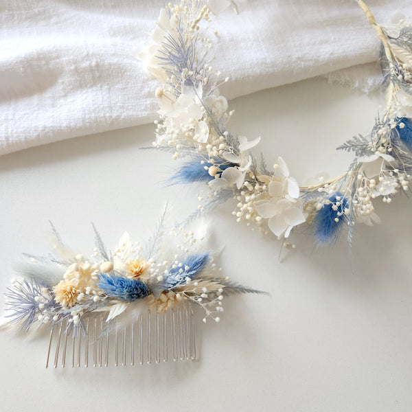 Dusty Blue Dried Flower Crown, Hair Comb, Corsage, Wedding Flowers, Event Flowers