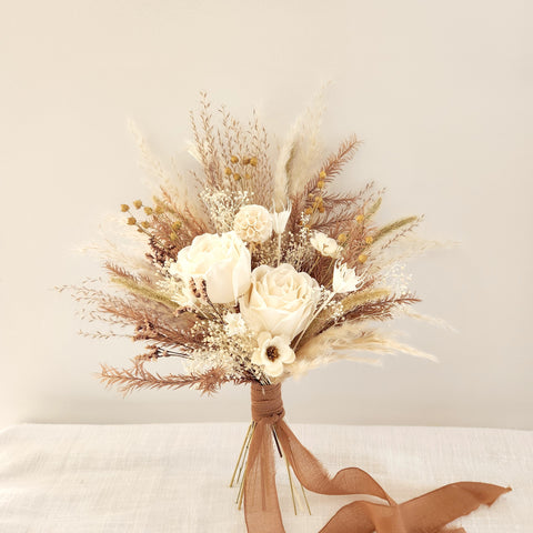 Boho Neutral Tone Dried Flower Bouquet, Ivory, Beige, Wedding Floral Arrangement