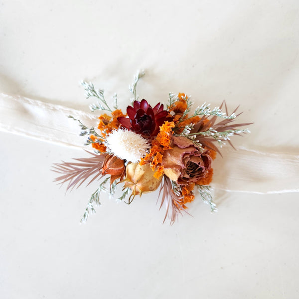 Autumn Wildflower Corsage, Orange Maroon Wrist Flower, Wedding Floral, Event Flower