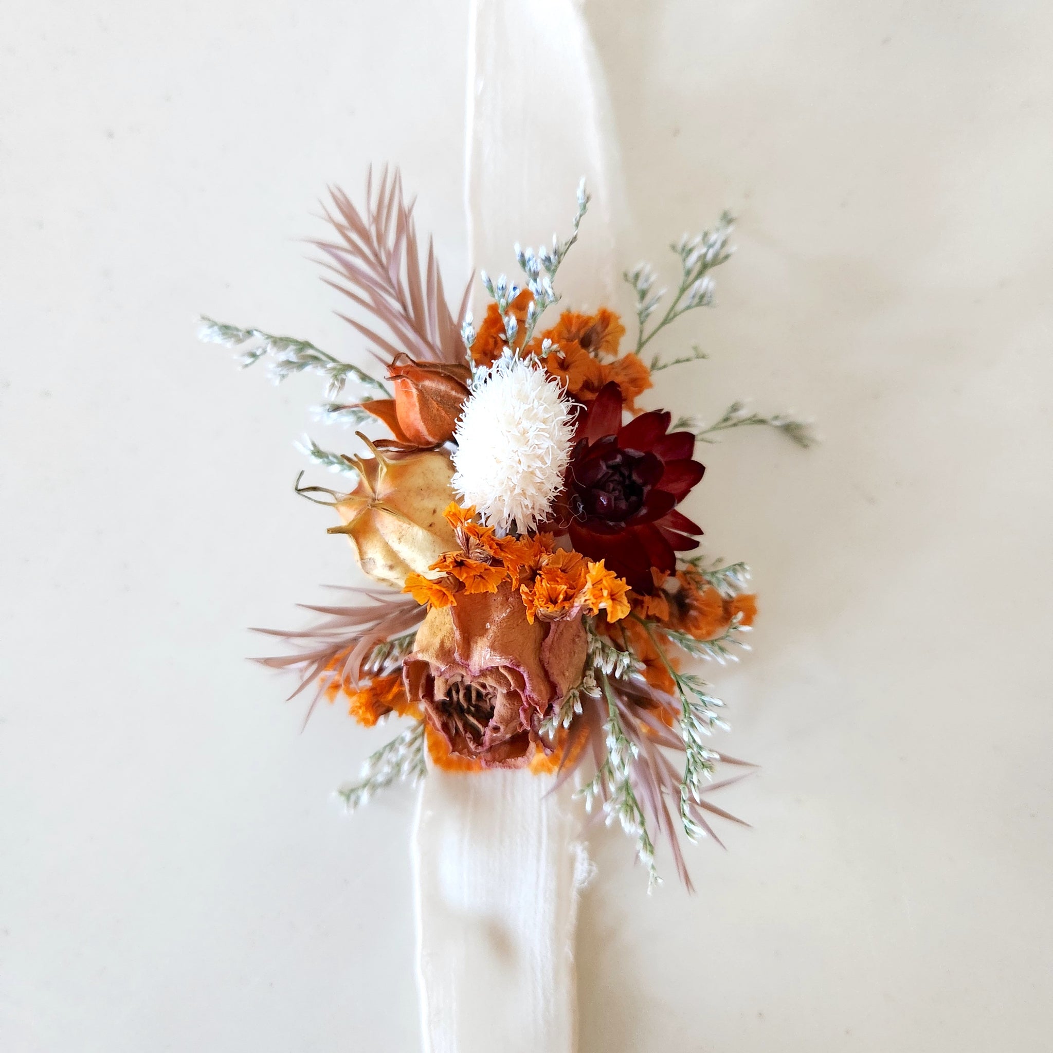 Autumn Wildflower Corsage, Orange Maroon Wrist Flower, Wedding Floral, Event Flower