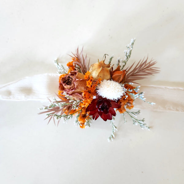 Autumn Wildflower Corsage, Orange Maroon Wrist Flower, Wedding Floral, Event Flower